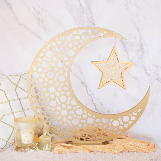 Nymåne med hængende stjerne - fritstående dekoration - stor