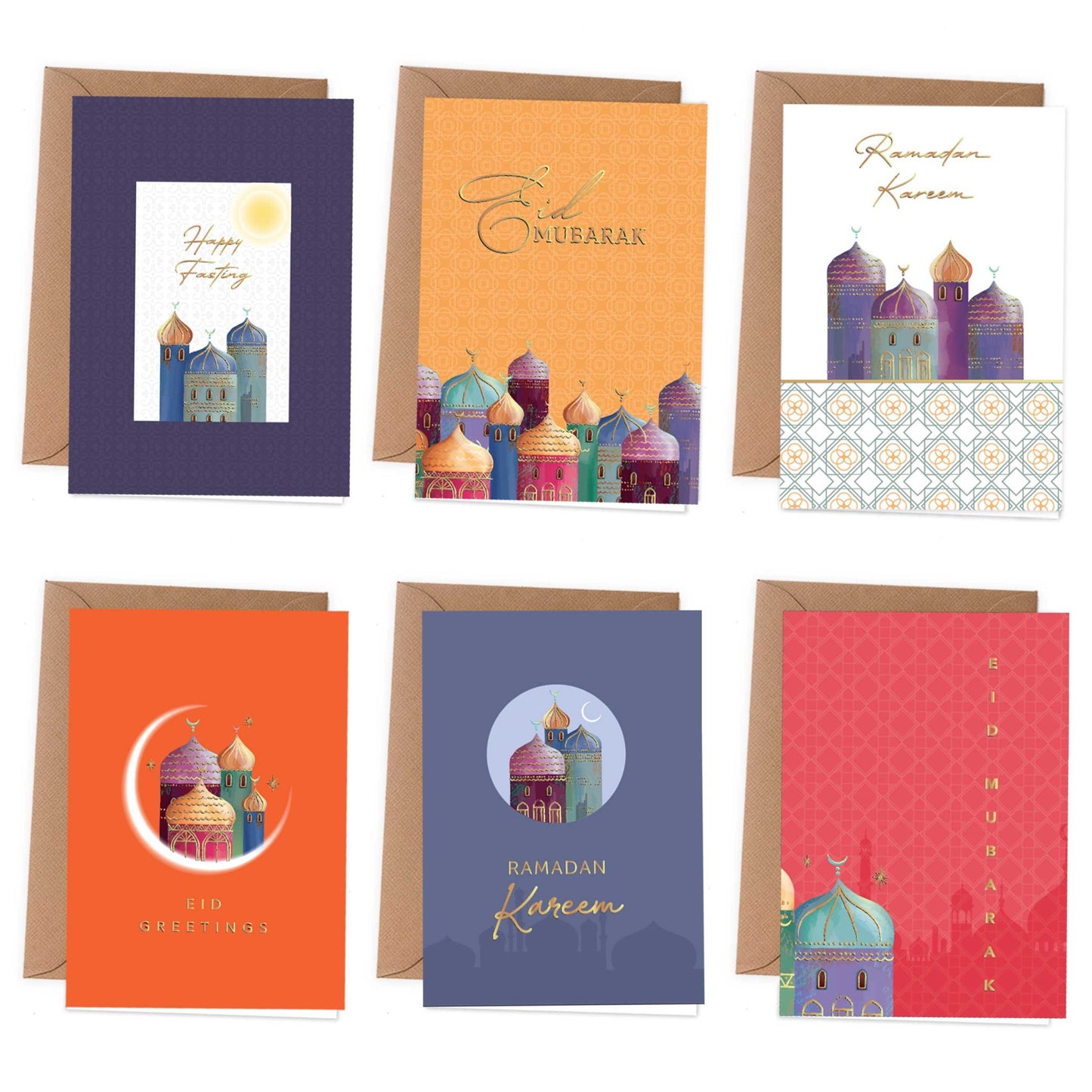 Ramadan Mubarak Kort - 6-pak - Farverig med gulddetaljer