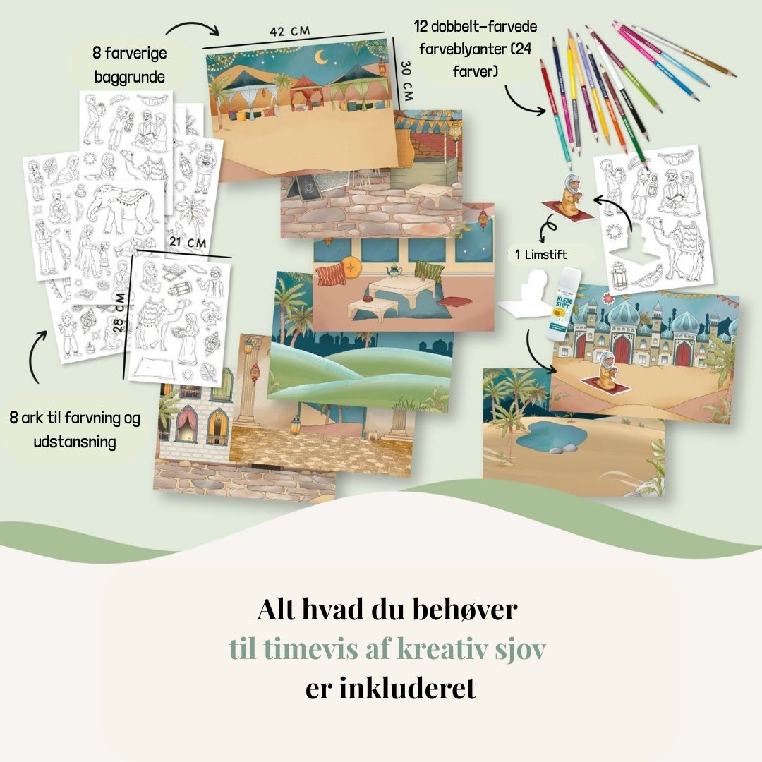 Kreativitetsæske - Ramadan - 8 Scenekort, Figurer & 24 Farver – Alt-i-ét sæt