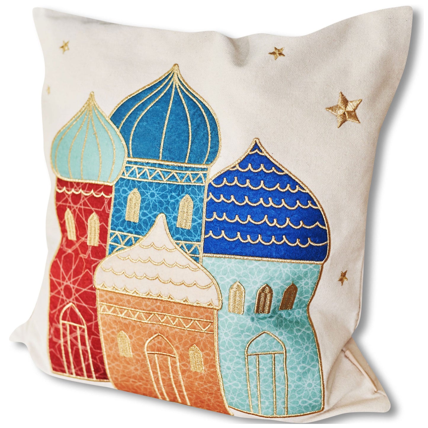 Ramadan Pudebetræk - broderet med farverige moskeer - 40 x40 cm